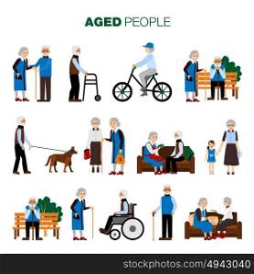 Old Age People Set. Male and female old age people in different sitiations set on white background flat isolated vector illustration