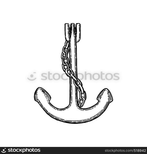 Old Anchor logo icon ink pen sketch. Nautical maritime sea ocean boat illustration symbol. Ships anchor and rope in a vintage woodcut woodblock style. Age of sails. Engraving. prints, web, decoration. Old Anchor logo icon ink pen sketch. Nautical maritime sea ocean boat illustration symbol.