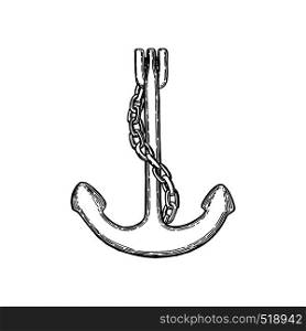 Old Anchor logo icon ink pen sketch. Nautical maritime sea ocean boat illustration symbol. Ships anchor and rope in a vintage woodcut woodblock style. Age of sails. Engraving. prints, web, decoration. Old Anchor logo icon ink pen sketch. Nautical maritime sea ocean boat illustration symbol.