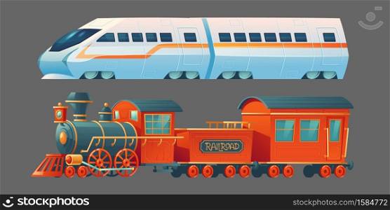 Old and modern trains, antique steam railroad transport and contemporary subway locomotive, city railway commuter transportation side view isolated on grey background. Cartoon vector illustration. Old and modern trains, railroad commuter transport