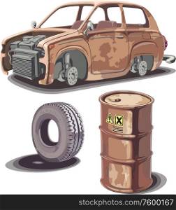 Old and Rusty Scrap. Old broken rusty car, rusty oil barrel and used obsolete tire with a dirty stains. Editable vector EPS v9.0.