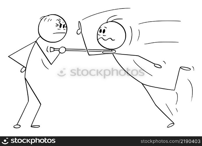 Old and young person in fight, confrontation or conflict, vector cartoon stick figure or character illustration.. Fight, Conflict or Confrontation of Old and Young Person, Vector Cartoon Stick Figure Illustration