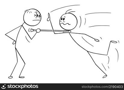 Old and young person in fight, confrontation or conflict, vector cartoon stick figure or character illustration.. Fight, Conflict or Confrontation of Old and Young Person, Vector Cartoon Stick Figure Illustration