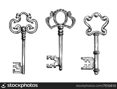 Old antique door keys with decorative bows. Sketch icons, for secret or security theme. Old antique keys in sketch style