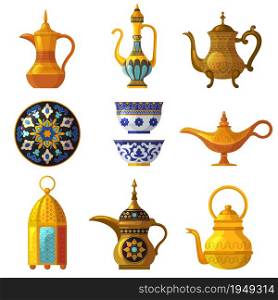 Old arabic heritage. Traditional cultural decorated pottery with logos saudi symbols vector arabia set. Illustration arabic pottery, clay traditional antique. Old arabic heritage. Traditional cultural decorated pottery with logos saudi symbols vector arabia set
