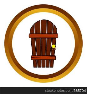 Old arched wooden door vector icon in golden circle, cartoon style isolated on white background. Old arched wooden door vector icon, cartoon style