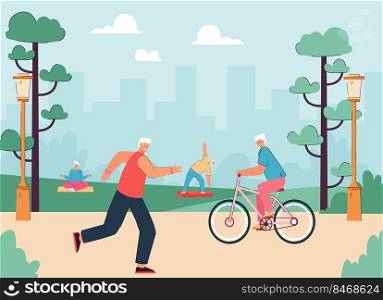 Old athlete men and women running in city park, riding bicycle, doing active exercises. Active grandmothers in nature flat vector illustration. Healthy lifestyle, sanatorium for pensioners concept