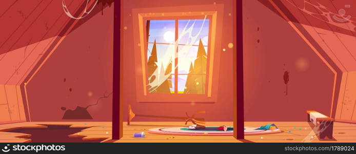 Old attic in abandoned house with mountains and trees behind window. Vector cartoon interior of garret room with broken wooden floor, clutter and spiderweb. Empty messy mansard. Old attic in abandoned house with clutter