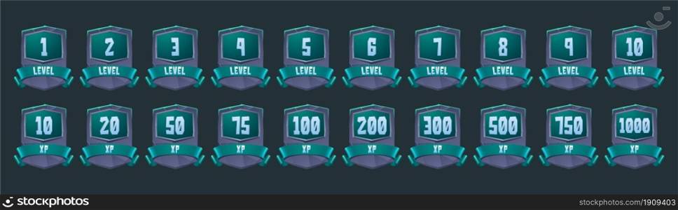 Old badges with level number and experience points for game ui design. Vector cartoon icons of stone labels with rank, xp and green ribbons isolated on background. Stone badges with level number and xp for game