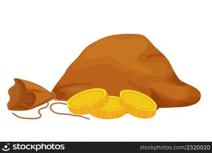 Old bag, sack with golden coins in cartoon style isolated on white background. Money bag, treasure object. Ui icon, asset. Vector illustration