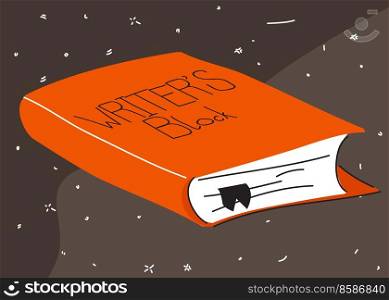 Old book with Writer s block text. Card or banner vector illustration.