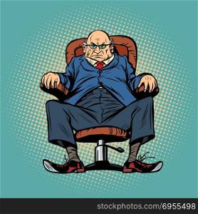 Old boss in the chair. Comic cartoon pop art retro vector vintage illustration. Old boss in the chair
