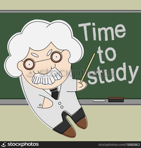 Old brainy professor point to time to study text on chalkboard . Old professor point to chalkboard