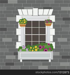 Old brick wall facade,window and flowers in pots,cartoon vector illustration. Old brick wall facade,window and flowers in pots