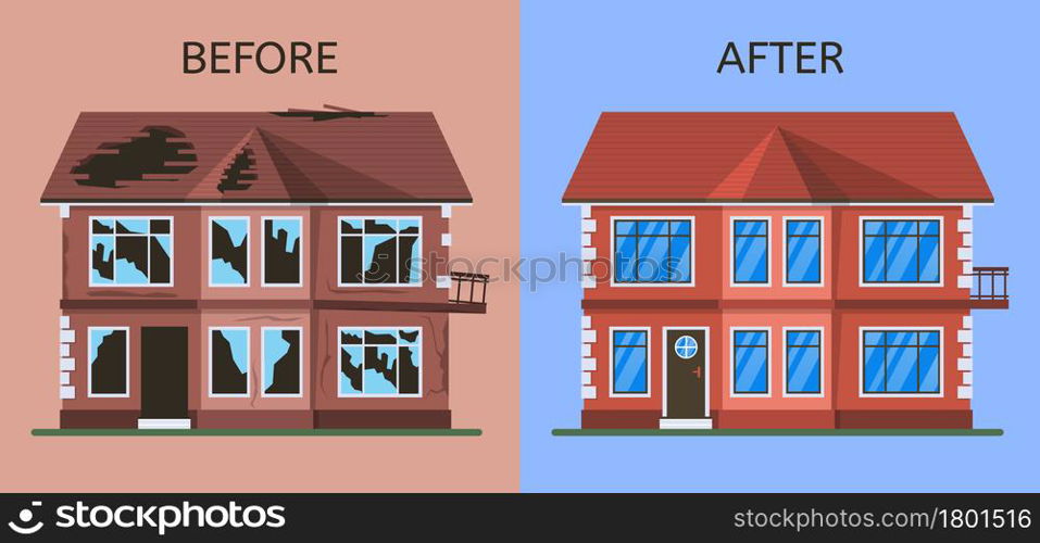 Old broken abandoned building before and after renovation. Dilapidated suburban cottage house under construction vector illustration set. Home repair and renovation. Property fixing service. Old broken abandoned building before and after renovation. Dilapidated suburban cottage house under construction vector illustration set. Home repair and renovation