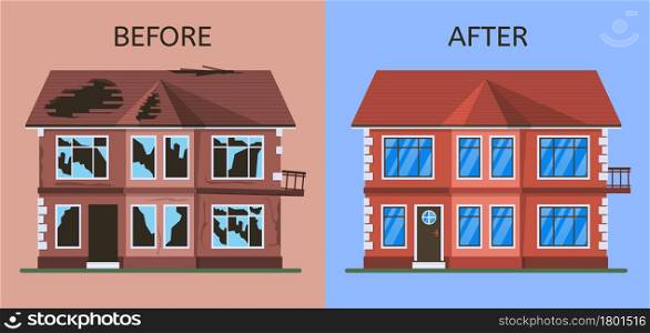 Old broken abandoned building before and after renovation. Dilapidated suburban cottage house under construction vector illustration set. Home repair and renovation. Property fixing service. Old broken abandoned building before and after renovation. Dilapidated suburban cottage house under construction vector illustration set. Home repair and renovation