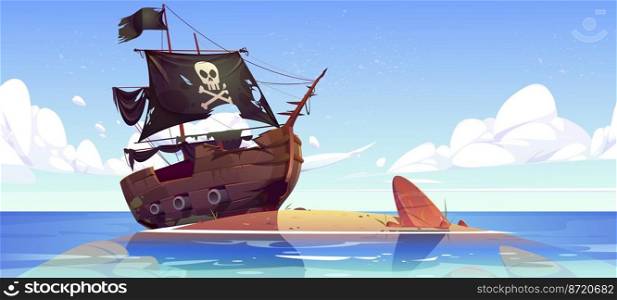 Old broken pirate ship after shipwreck on sea beach. Vector cartoon illustration of ocean landscape with abandoned sunken wooden boat with black flag and sails with skull. Old broken pirate ship after shipwreck on beach