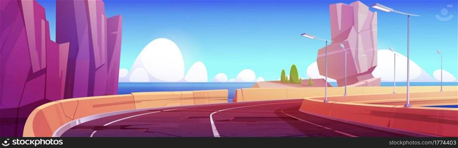 Old broken road with holes in asphalt and fencing. Mountain speedway covered with cracks and pits, ocean travel scenic landscape with crashed highway and seaview background Cartoon vector illustration. Old broken road with holes in asphalt and fencing