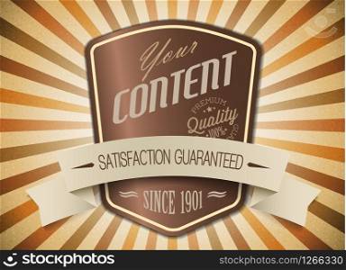 Old brown vector round retro vintage label on sunrays background