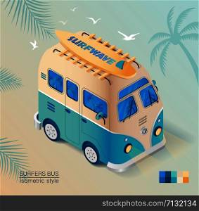 Old bus on the beach with surfboard. Summer vacation.. Old bus on the beach with surfboard in isometric style drawn. Summer vacation.