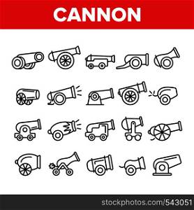 Old Cannons, Artillery Linear Icons Vector Set. Historic Weapon, War Cannons, Guns Thin Line Illustrations Pack. Ancient, Antique Firearm. Battlefield, Military Equipment Isolated Outline Symbols. Old Cannons, Artillery Linear Icons Vector Set