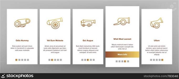 Old Cannons, Artillery Vector Onboarding Mobile App Page Screen. Historic Weapon, War Cannons, Guns. Ancient, Antique Firearm. Battlefield, Military Equipment Isolated. Old Cannons, Artillery Vector Onboarding Mobile App Page Screen