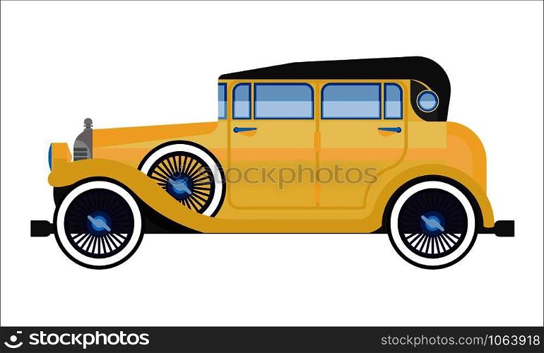 Old car or vintage retro automobile of 30 or 40 century limousine or retractable top vehicle. Vector flat isolated icon of Antique veteran collector classic auto model. Old car or vintage retro collector auto wehicle vector flat icon