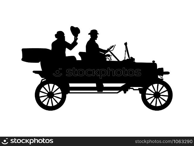 Old car silhouette. Vintage touring car with driver in bowler hat. Side view. Flat vector.