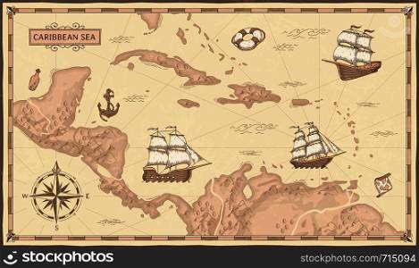 Old caribbean sea map. Ancient pirate routes, fantasy sea pirates ships and vintage pirate maps. Old marine map, ancient nautical compass and ship. Geographical vector concept illustration. Old caribbean sea map. Ancient pirate routes, fantasy sea pirates ships and vintage pirate maps vector concept illustration