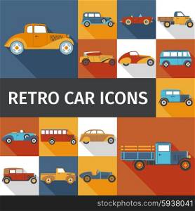 Old cars and retro autos flat icons set isolated vector illustration. Old Cars Set