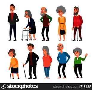 Old cartoon seniors. Aged people, wrinkled senior grandfather and walking grandmother with gray hair. Elderly mature people, cheerful seniors oldies isolated icons illustration set. Old cartoon seniors. Aged people, wrinkled senior grandfather and walking grandmother with gray hair isolated illustration set