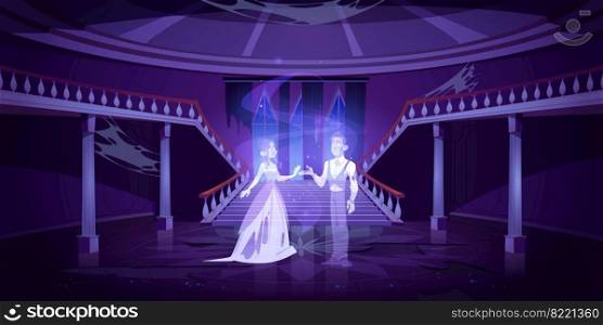 Old castle hall with ghosts couple dance in darkness. Scary night room with marble stairs and spiderweb. Abandoned palace interior, halloween spooky scene with dead people. Cartoon vector illustration. Old castle hall with ghosts dance in palace room