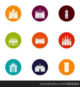 Old castle icons set. Flat set of 9 old castle vector icons for web isolated on white background. Old castle icons set, flat style
