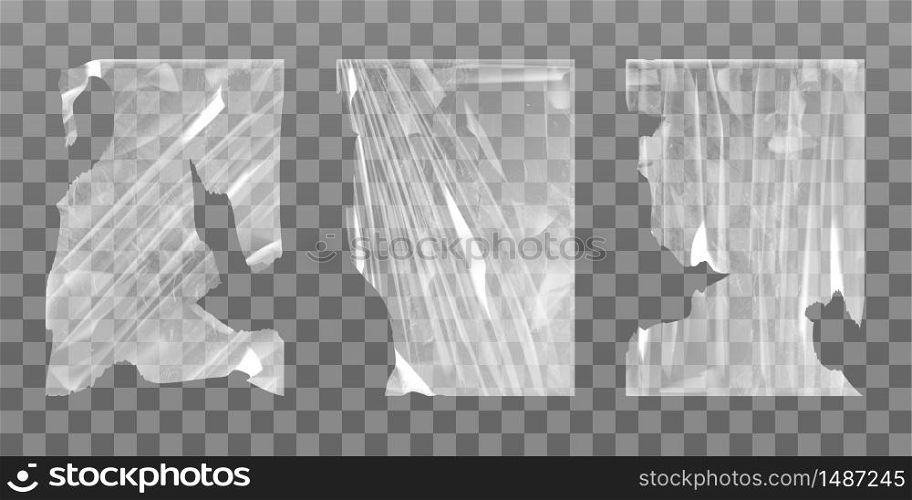 Old cellophane stretch film with torn edges and wrinkles. Vector realistic mockup of dirty clear polyethylene, crumpled elastic foil material isolated on transparent background. Old cellophane stretch film with torn edges