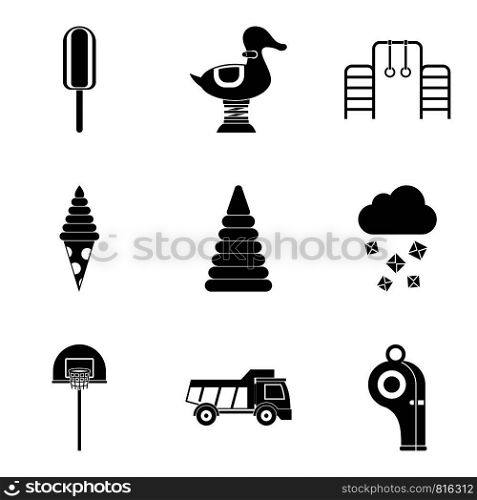 Old children toys icons set. Simple set of 9 old children toys vector icons for web isolated on white background. Old children toys icons set, simple style