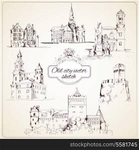 Old city buildings hand drawn decorative elements set isolated vector illustration.