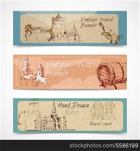 Old city buildings sketch decorative banners set isolated vector illustration