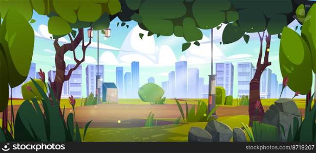 Old city park with green trees, grass, lanterns, trash bin and town buildings on skyline. Vector cartoon illustration of summer landscape of empty public garden with flowers and street lights. Old city park with green trees, lantern, trash bin