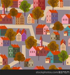 Old city seamless pattern, minimal flat style. Autumn landscape city architecture. Wrapping paper, wallpaper background. Old city seamless pattern, minimal flat style. Autumn landscape city architecture