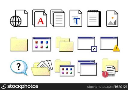 Old computer icons. Retro pixel signs. Yellow folders of files and white sheets of documents. Isolated flat style nostalgic set. Data storage, information organization. Vector electronic symbols. Old computer icons. Retro pixel signs. Yellow folders and white sheets of documents. Isolated nostalgic set. Data storage, information organization. Vector flat style electronic symbols