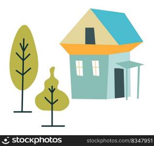 Old cottage or summer house in countryside or rural area, isolated home with porch and tree in garden. Forest or woods, natural landscape and ecosystem by comfy building. Vector in flat style. Summer house or cottage in countryside area vector