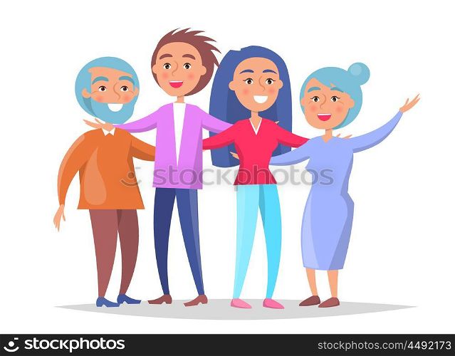 Old Couple and Their Adult Children Having Fun Together. Old couple and their adult children having fun together, two generations cartoon characters vector illustration isolated on white background