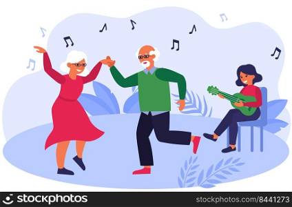 Old couple dancing to music. Retro party, playing guitar, leisure flat vector illustration. Retirement, relationship, activity concept for banner, website design or landing web page