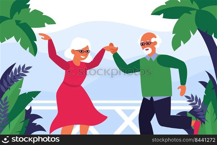 Old couple enjoying vacation and dancing. Tropical party, relationship, fun flat vector illustration. Retirement activity, lifestyle concept for banner, website design or landing web page