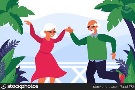 Old couple enjoying vacation and dancing. Tropical party, relationship, fun flat vector illustration. Retirement activity, lifestyle concept for banner, website design or landing web page