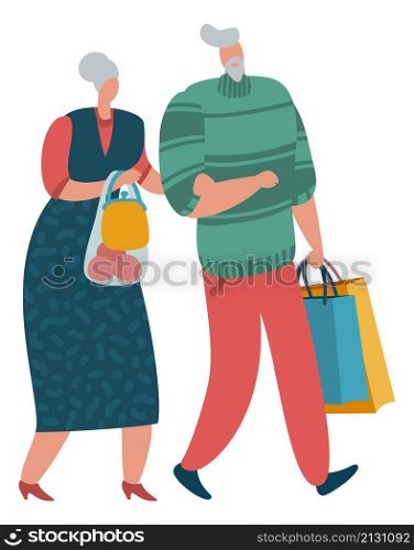 Old couple going with grocery bags. Seniors shopping together isolated on white background. Old couple going with grocery bags. Seniors shopping together