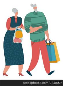 Old couple going with grocery bags. Seniors shopping together isolated on white background. Old couple going with grocery bags. Seniors shopping together