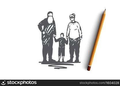 Old, couple, grandson, grandparents, love concept. Hand drawn old couple with grandson concept sketch. Isolated vector illustration.. Old, couple, grandson, grandparents, love concept. Hand drawn isolated vector.