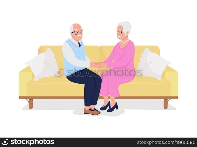 Old couple holding hands semi flat color vector characters. Full body people on white. Spending time together isolated modern cartoon style illustration for graphic design and animation. Old couple holding hands semi flat color vector characters