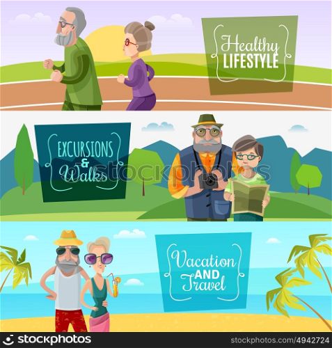 Old Couple Horizontal Banners . Old couple horizontal banners with sports traveling and journey activities in cartoon style vector illustration